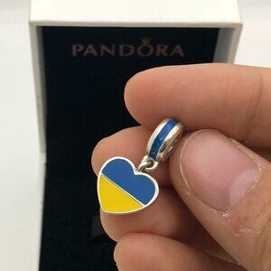 Pandora Silver Heart Bracelet Charm with Blue and Yellow Enamel